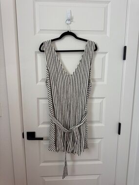 Splendid Blue and White Striped Sleeveless V-Neck Romper with Waist Tie